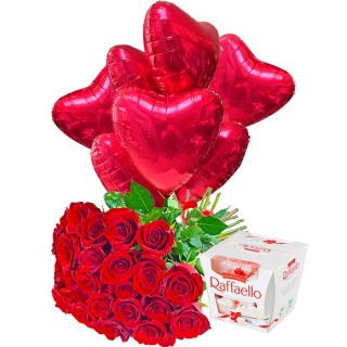 Букет 25 красных роз, конфеты и шары